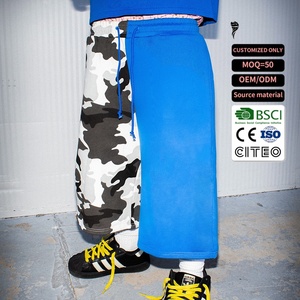 New Vintage Men Streetwear Spliced Camo Solid Contrast Wide Leg Knee Length <b>3</b>/<b>4</b> Drawstring Sweat <b>Shorts</b> - Product Image 1