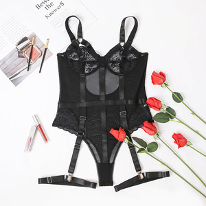 Custom Wholesale Bodysuit For Women Sexy Underwear Tight One Piece Open Black Sexy Lace Lingerie Mesh Sheer Temptation Corsets