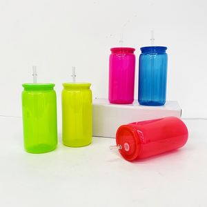 New Clear Plastic Acrylic 16Oz Neon Color Durable Beer Soda Can With Lid <b>Straw</b> for Vinyl and Dtf Uv Transfer Sticker - Product Image 2