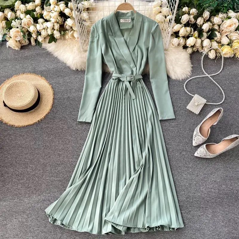 Wholesale Fashion Solid Color Elegant Chiffon Dress Shirt Long Dress Women Pleated Dress