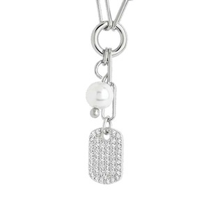 Collier Y Gemnel tendance en <span class=keywords><strong>laiton</strong></span> <span class=keywords><strong>plaqué</strong></span> or 18 carats PVD avec micro-pavé de zircone cubique, pendentif rectangulaire en forme de plaque militaire et perle pour femme - Bijoux - Product Image 4