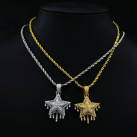 Collier pendentif étoile plaqué or complet pour hommes et femmes, style Iced Out avec pierre en zircon et bijoux hip-hop en laiton