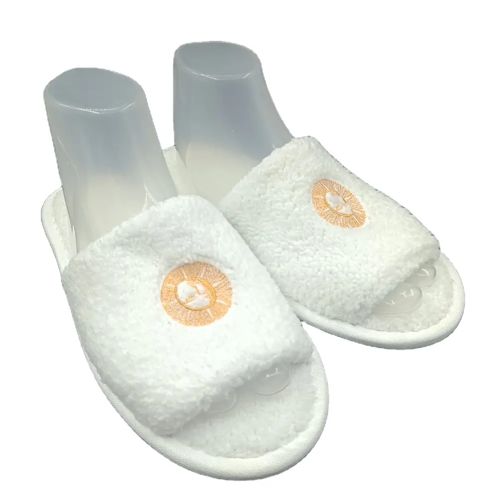 Sandal Hotel katun lembut sandal chenille bordir Logo kustom sandal Hotel 5 bintang 11 inci bunga matahari