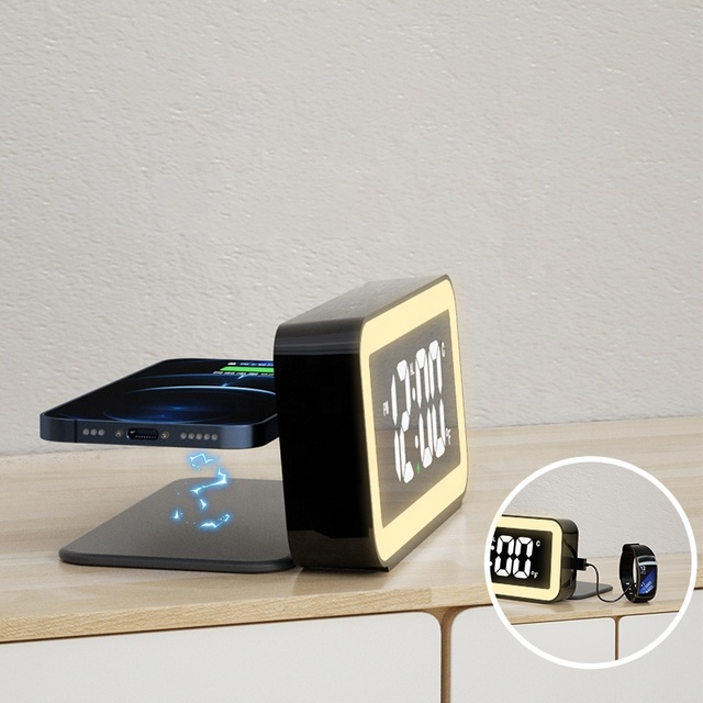 New Alarm Clock 15W Wireless Charger With Digital Thermometer LED Desk Lamp for Bedroom 15W Mobile Phone Fast Charger