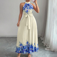 Robe longue plissée élégante pour femme, collection été 2026, à imprimé floral, avec ceinture à nouer à la taille et grande jupe évasée