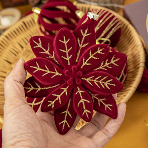 Ensemble de Boules de Noël de Luxe 2026 en Velours Rouge Vin, Ornements Scintillants Floqués en Forme de Fleur de Poinsettia, Décorations Suspendues - Product Image 4