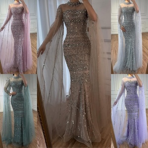 Serene Hill LA72714A Silvery Gray High Neck Beaded Evening <strong>Dress</strong> with Cape Sleeves Arabic Wedding Party Gowns <strong>for</strong> <strong>Women</strong> - Product Image 4