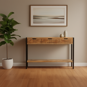 Solid Mango <b>Wood</b> 3 Drawer Sideboard 43.3x13.8x29.5 Inches Rustic Storage <b>Unit</b> For Dining Room Furniture - Product Image 2
