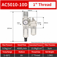 Unité de traitement d'air AC5010-10D, filetage 101 pouces, filtre de précision 5m, filtre à air en alliage d'aluminium, régulateur, lubrificateur pneumatique