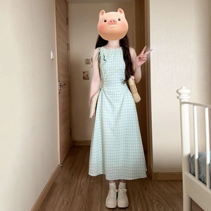 Summer 2025 Backless Long Dress Halter Neck Spaghetti Strap Dress Women Tight Waist Lattice Pattern Beach Vacation Casual Dress - Product Image 1