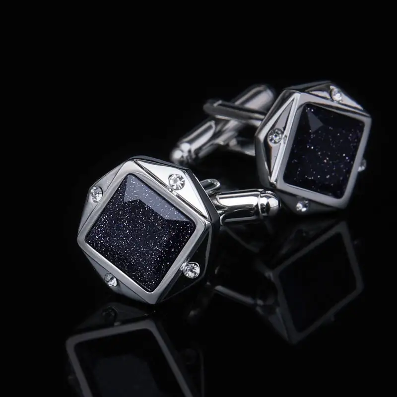 Top Grade Blue Brown Star Stone Mens Shirt Cufflinks for Wedding Grooms Gift with Box
