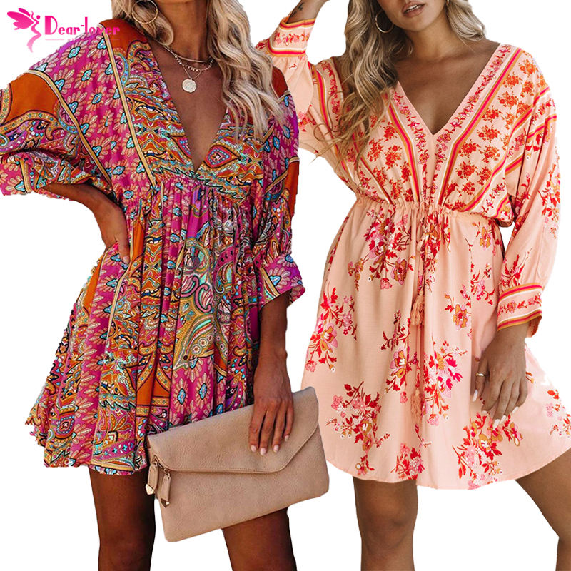 Dear-lover Summer Wholesale Vestido Women Vintage Floral Printed V Neck Cut Out Ruffle Lady Mini Bohemian Boho Dress 