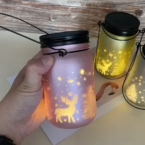 Empty LED shiny glass candle glass container with sling frost printing mason glass jars gift with Christmas holiday bulk sale