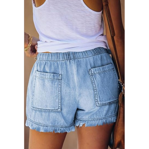 Women's Casual Denim Shorts | <b>Elastic</b> <b>Waist</b> Drawstring <b>Jean</b> Shorts <b>with</b> Pockets and Frayed Hem for Summer Wear - Product Image 4