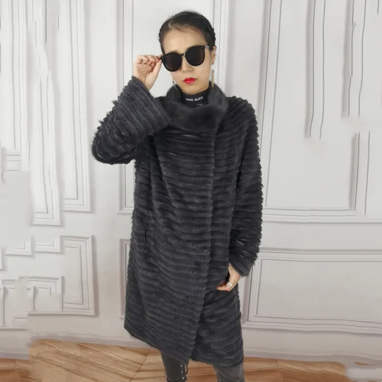 Fashion Design Winter Lady's Modern Grey 100% Real Genuine Fur Coat Reversible Mink Rex Wool Coat