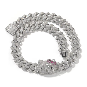 HK Süße Kubanische Kette Trendige Bestseller-Halskette Vereistes Katzen-CZ-Armband Rosa Schleife Kitty Bling Kitty Hip-Hop-Schmuck für Frauen und Männer - Product Image 1