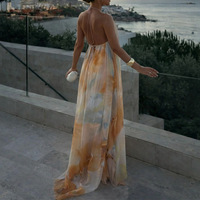 Robe longue décontractée pour femmes, imprimée, col ouvert, style bohème, plage, vêtements maxi