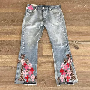 Custom Borduurlogo Hiphop Baggy Rechte Pijpen Gestapeld Zwaargewicht Applique Rips Cut En Naai Jeans Trainingsbroek Mannen Joggingbroek