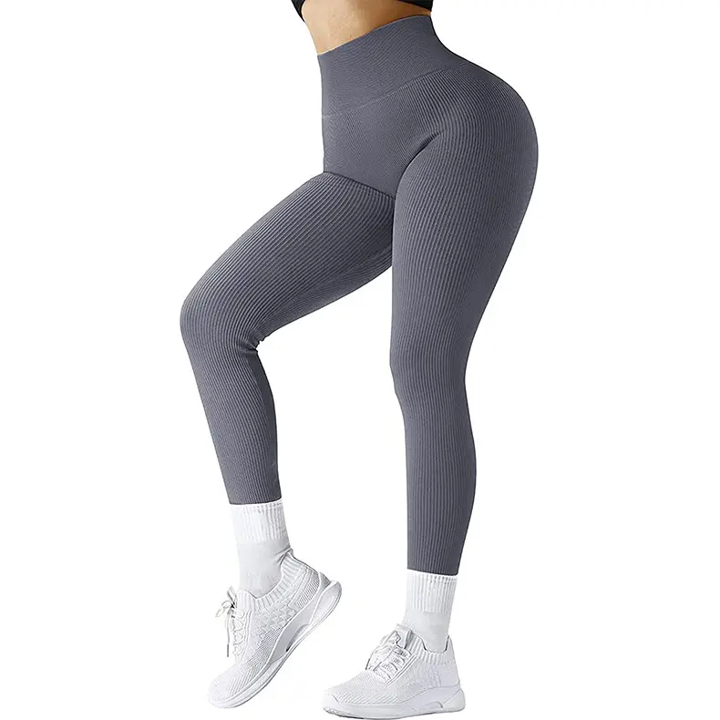 Logo personalizzato pantaloni da Yoga a coste Leggings sportivi da donna senza cuciture a vita alta Push Up collant da donna Leggins da allenamento Fitness abbigliamento da palestra