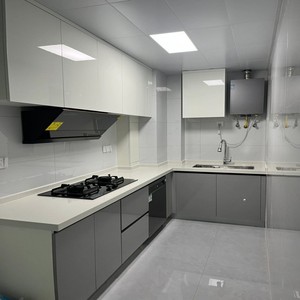 Armoires de cuisine en L modernes et modulaires BALOM, couleur beige, portes coulissantes en verre, évier, <span class=keywords><strong>lave</strong></span>-<span class=keywords><strong>vaisselle</strong></span>, plan de travail en quartz écologique - Product Image 4