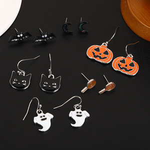 Ensemble de boucles d'oreilles Halloween en alliage, motifs dessin animé (Citrouille, Fantôme, Chauve-souris, Chat), bijoux de fête pour femmes - Product Image 3