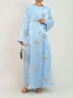 Ensemble 2 pièces de luxe pour femmes musulmanes : Abaya brodée en organza de Dubaï avec perles, Kimono en satin argenté et sous-robe intérieure pour l'Aïd et les mariages MSL888