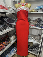 Robe de soirée mi-longue pour femmes, ornée de strass et de perles, style bandage