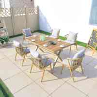 Table de jardin rectangulaire moderne en aluminium, plastique et bois, durable, résistante aux UV, légère, pour patio extérieur, balcon