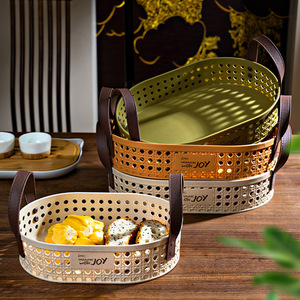 Oval Fruit <b>Basket</b> With Handle For Kitchen Storage And Organization Desktop Rattan Style Storage Bin - Product Image 2