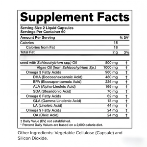 Capsules de complément alimentaire végétalien Omega 3 OEM 960 mg Omega3 avec <span class=keywords><strong>DHA</strong></span> EPA SDA <span class=keywords><strong>ALA</strong></span> 120 capsules liquides - Product Image 2