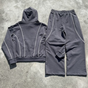Heavyweight Cotton Wide Leg Stacked Jogger Sweatpants and Hoodie Set Custom Embroidered Logo Oversized Baggy <b>Tracksuit</b> Men - Product Image 2