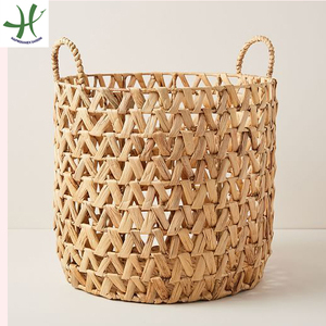 Natural Round Woven Wicker Storage <b>Basket</b> Water Hyacinth Material <b>with</b> <b>Handle</b> Iron Frame Square Pattern for Home Decor Pot Use - Product Image 2