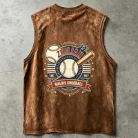 Gilet sans manches vintage marron délavé et vieilli, broderie ZHILIAN, imprimé graphique rétro baseball, débardeur décontracté oversize à lettres