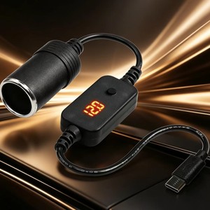 อะแดปเตอร์แปลงไฟ Type C เป็นที่จุดบุหรี่ในรถยนต์ 12V ปรับแรงดันไฟได้ 5V 9V 15V 20V USB สำหรับแล็ปท็อป เราเตอร์ สายชาร์จเร็ว - Product Image 1