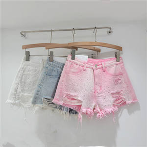 C1198 Shorts de Mezclilla de Pierna Ancha con Cintura Alta y Borde Deshilachado Perforado para Mujer, Verano 2024 - Product Image 1