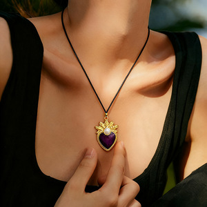 Collar con colgante de corazón estilo europeo-americano, chapado en oro de 18k, con engaste de bisel de piedra morada, cadena para suéter, regalo, de varias capas, No - Product Image 1