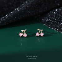 Schattige groothandel 925 sterling zilveren Koreaanse stijl sieraden 18k verguld fruit roze kersen oorringen voor meisjes