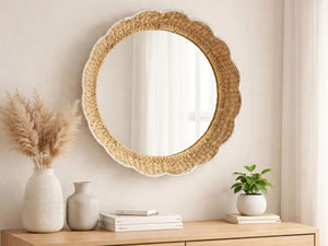 Miroir artisanal en jacinthe d'eau festonné style bohème, miroir mural tissé naturel pour salon, miroir rond artisanal 50 cm - Product Image 5