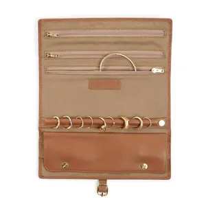 Bolsa de rolo de joias em couro genuíno marrom para mulheres, bolsa de viagem personalizada