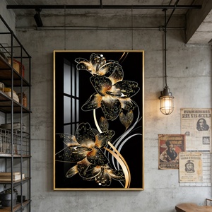 Peinture murale décorative de luxe en porcelaine de cristal avec fleurs dorées 3D et LED pour hall d'entrée et salon - Product Image 5