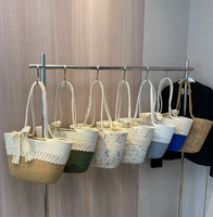 Bolso de Mano de Paja para Mujer, Color en Contraste, Lazo, Tejido, Informal, para Vacaciones, Playa