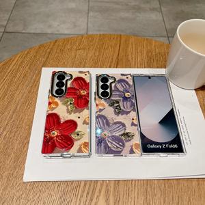 High-end luce blu pittura a olio a fiore custodia del telefono di moda per <span class=keywords><strong>Samsung</strong></span> Z piega 6 obiettivo della fotocamera piastra sottile Cover posteriore del telefono - Product Image 5