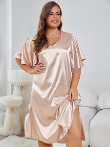 Plus Size Smooth <b>Satin</b> Nightdress Ruffle Elegant Sleeve V Neck Solid Sleepdress for Woman - Product Image 4