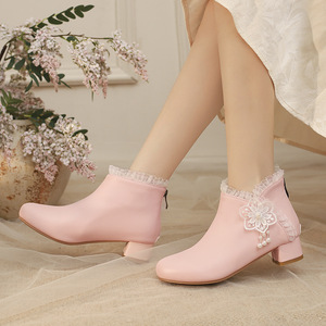 Botines con encaje y adornos florales de perlas, tacón de bloque, zapatos de vestir para atuendos vintage y sesiones de fotos estilo Hanfu, novedad 2026 - Product Image 3