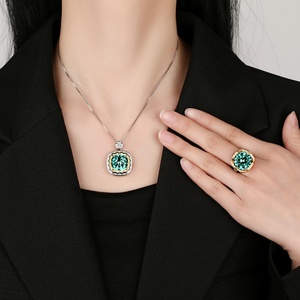 Ensemble de bijoux de haute qualité, écologique, en cuivre, avec pendentif en zircone verte de 14*14 mm, boucles d'oreilles et bague pour femmes - Product Image 6