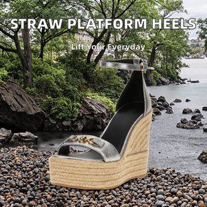 Zapatos de plataforma gruesa de paja trenzada para mujer, con tacón de cuña alto de una sola tira, hebilla retro y correa al tobillo, estampados de animales para verano y exteriores. - Product Image 2