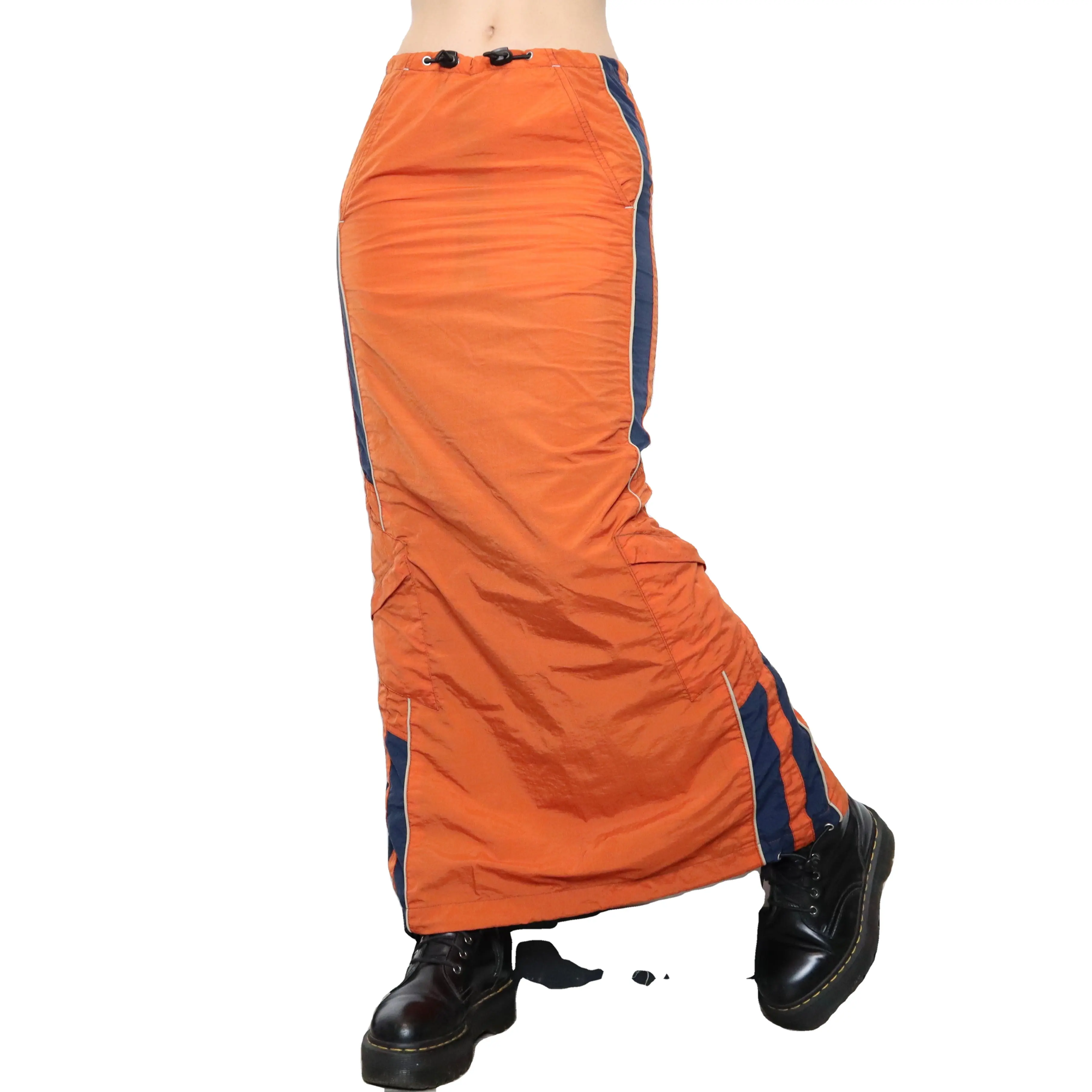Custom Women Adjustable Elastic Drawstring Waist Vintage Y2K Orange Raver Cargo Maxi Skirt