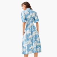 Robe chemise plissée mi-longue pour femme 100 % viscose à imprimé floral, respirante, lavable, à manches courtes bouffantes et col, coupe trapèze, printemps-été
