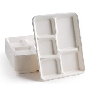 Vassoio per alimenti biodegradabile personalizzato stoviglie in bagassa di canna da zucchero vassoi a 5 scomparti piatti e tazze usa e getta