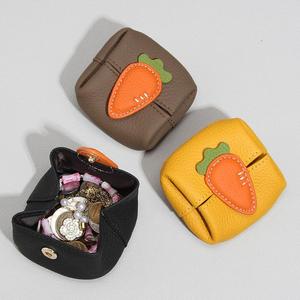 Cowhide Leather Open Fruit-Shaped Coin <b>Purse</b> Jewelry Pouch Compact Lightweight Color-Block <b>Cute</b>-Style Mini Organizer - Product Image 1